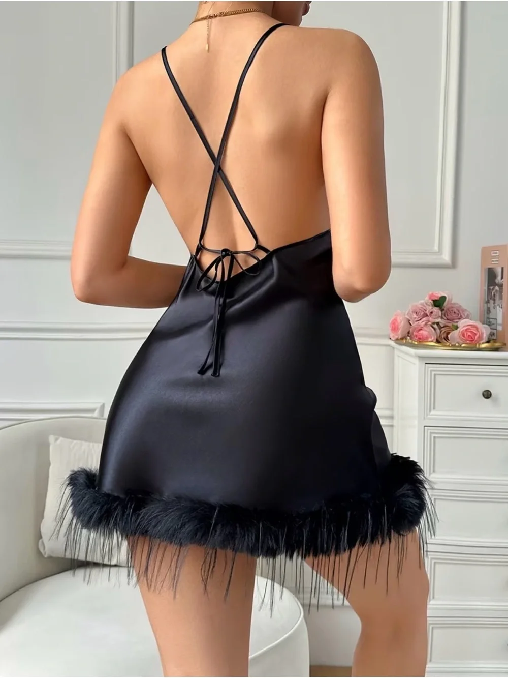 Black Feather Trim Satin Slip Dress - Picture 2 of 3
